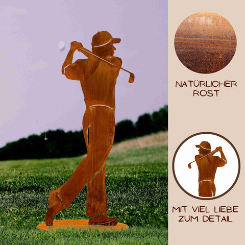 Diese Metall Deko Figur eines Golfers beim Abschlag im Edelrost Design ist eine einzigartige Geschenkidee für einen passionierten Golfspieler
