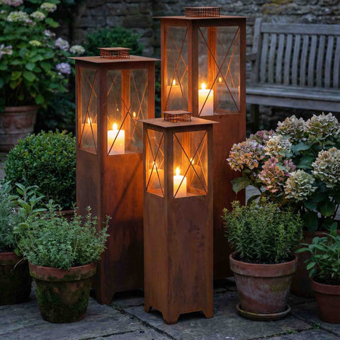 Edelrost Laterne aus Metall – Windlicht für Garten & Terrasse | 3 Größen