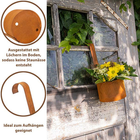 Rostig rustikaler Hängetopf aus Metall als einzigartige Wohn- und Gartendekoration im Edelrost Design für Blumenliebhaber