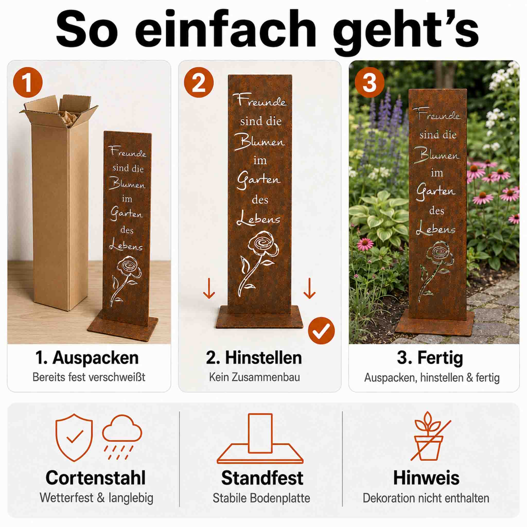 Handgefertigte Rostdeko-Gartenstele aus Cortenstahl – fest verschweißt, auspacken und hinstellen