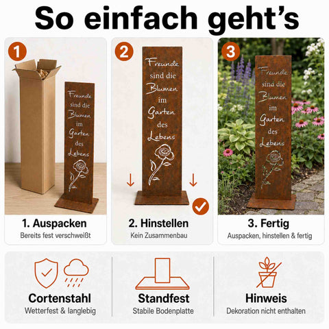Handgefertigte Rostdeko-Gartenstele aus Cortenstahl – fest verschweißt, auspacken und hinstellen