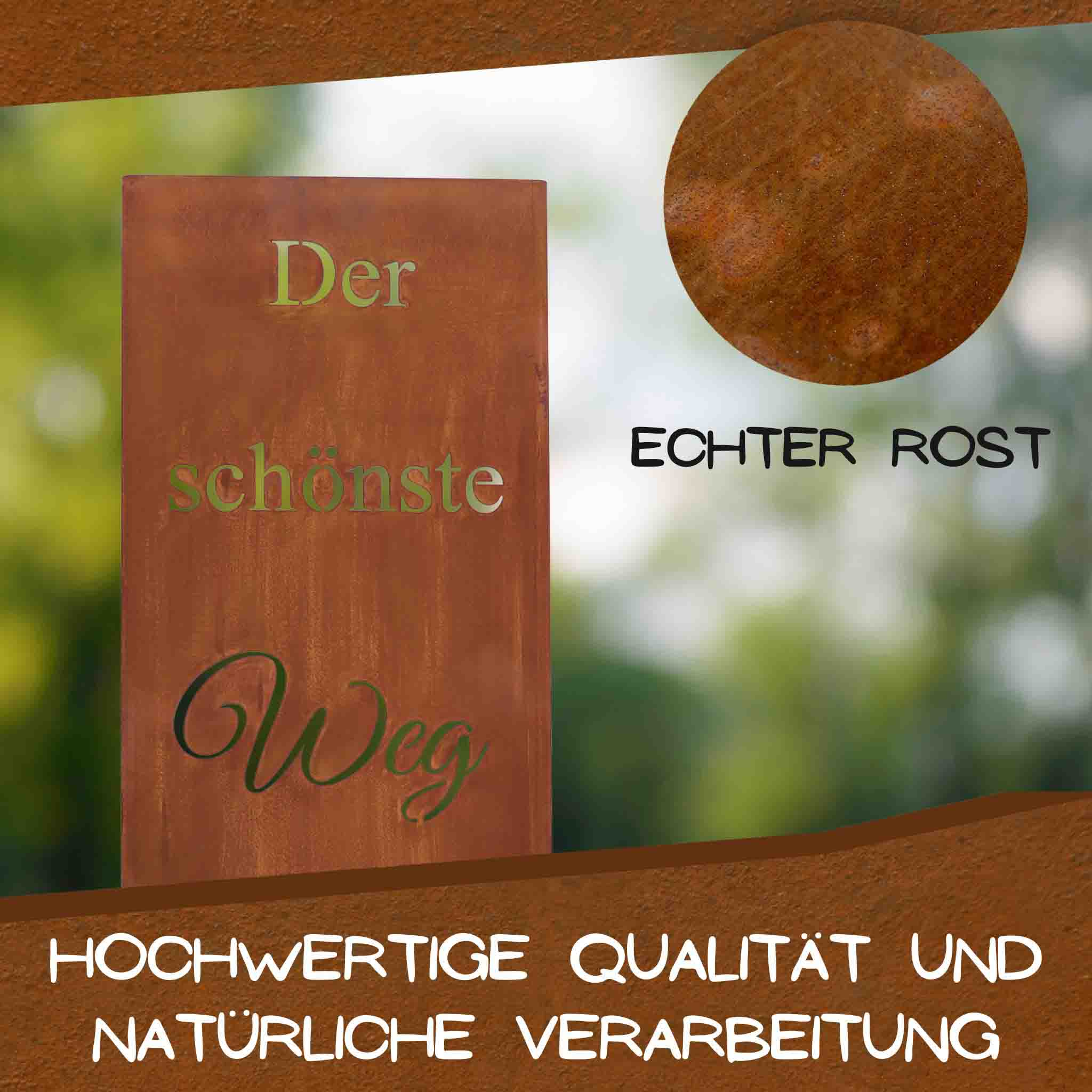 Detail Rost Hochzeitsschild „Der schönste Weg ist der gemeinsame“ – hochwertiger Cortenstahl mit echter Edelrost Patina
