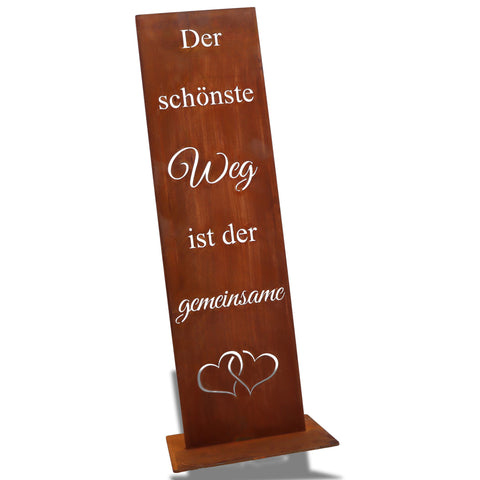 Rost Hochzeitsschild „Der schönste Weg ist der gemeinsame“ auf Bodenplatte – Edelrost Spruchtafel Hochzeit Deko