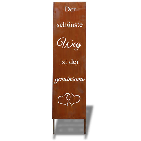 Rost Hochzeitsschild „Der schönste Weg ist der gemeinsame“ mit Erdspießen – Edelrost Spruchtafel für Garten & Hochzeit Deko