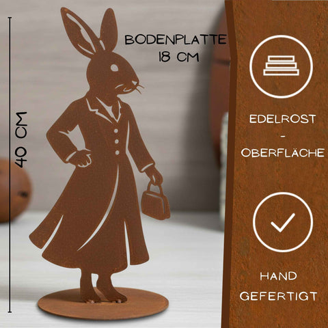 Edelrost Hasenfigur Lady Leaf mit Handtasche – 40 cm hoch, handgefertigt mit Bodenplatte und Edelrost-Oberfläche

