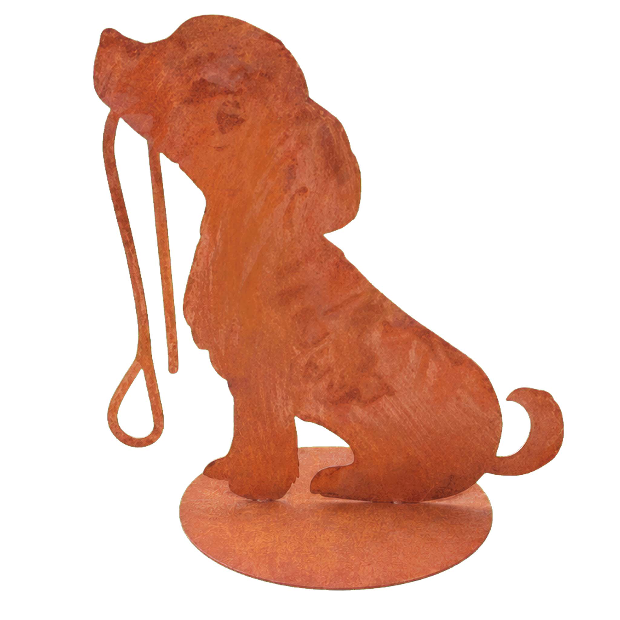 Metall Hund „Emi“ mit Leine aus Cortenstahl – große Edelrost Hunde-Figur am Hauseingang, 50 cm hoch.