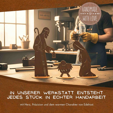 Edelrost Krippenfiguren Set – Maria, Josef & Krippe | Weihnachtsdeko aus Metall