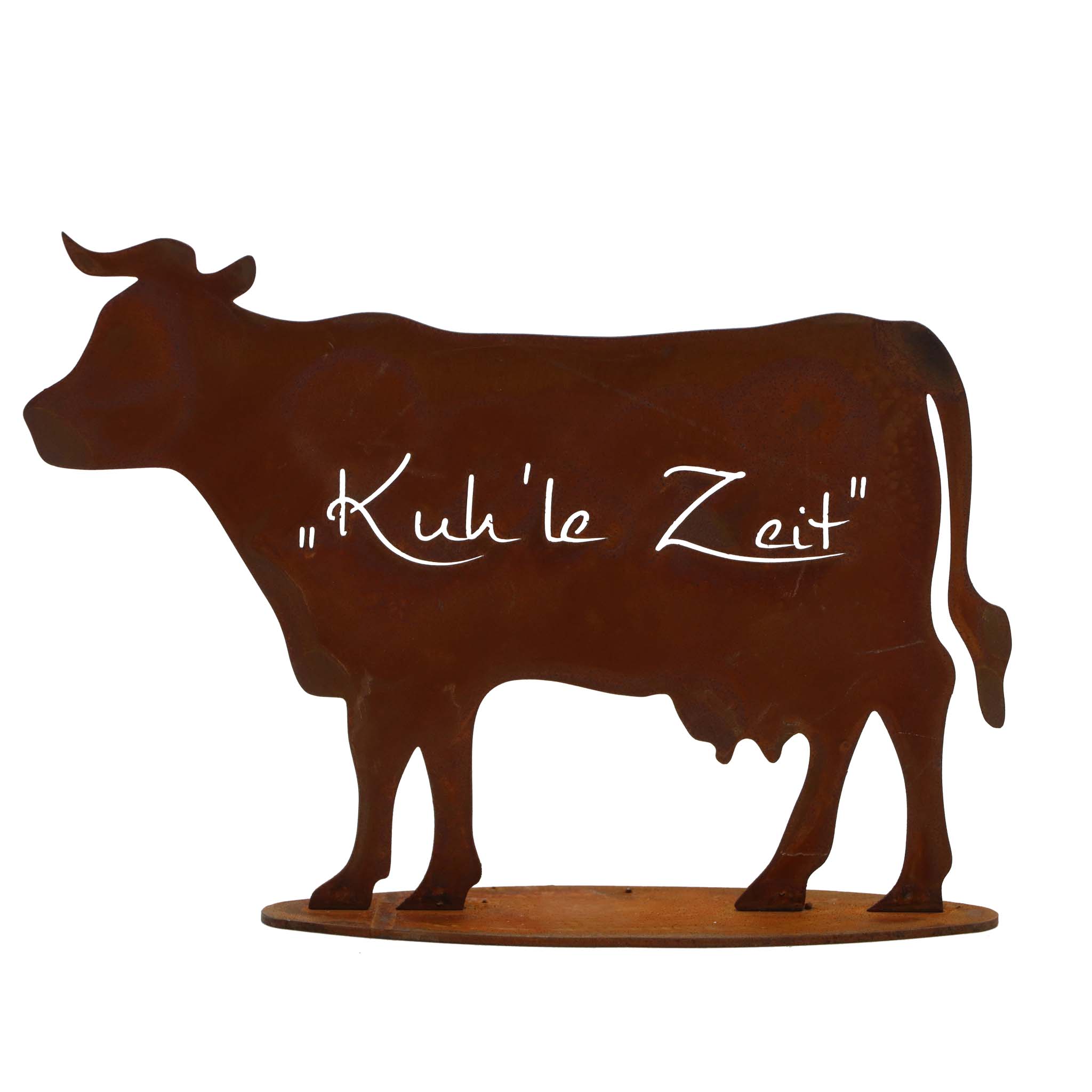 Kleine Rost Kuh Gartendeko-Figur mit Schriftzug Kuhle Zeiten aus Cortenstahl auf Bodenplatte