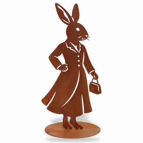 Edelrost Hasenfigur Lady Leaf mit Handtasche – handgefertigte Osterdeko für Garten, Balkon oder Eingangsbereich
