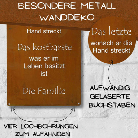 Rostiges Metallschild mit Familien-Spruch – stilvolle Gartendeko oder Wanddeko für Wohnzimmer, Geschenkidee für Familie.