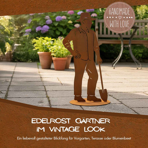 Edelrost Gärtner Figur – Metall Gartendeko für Garten & Terrasse