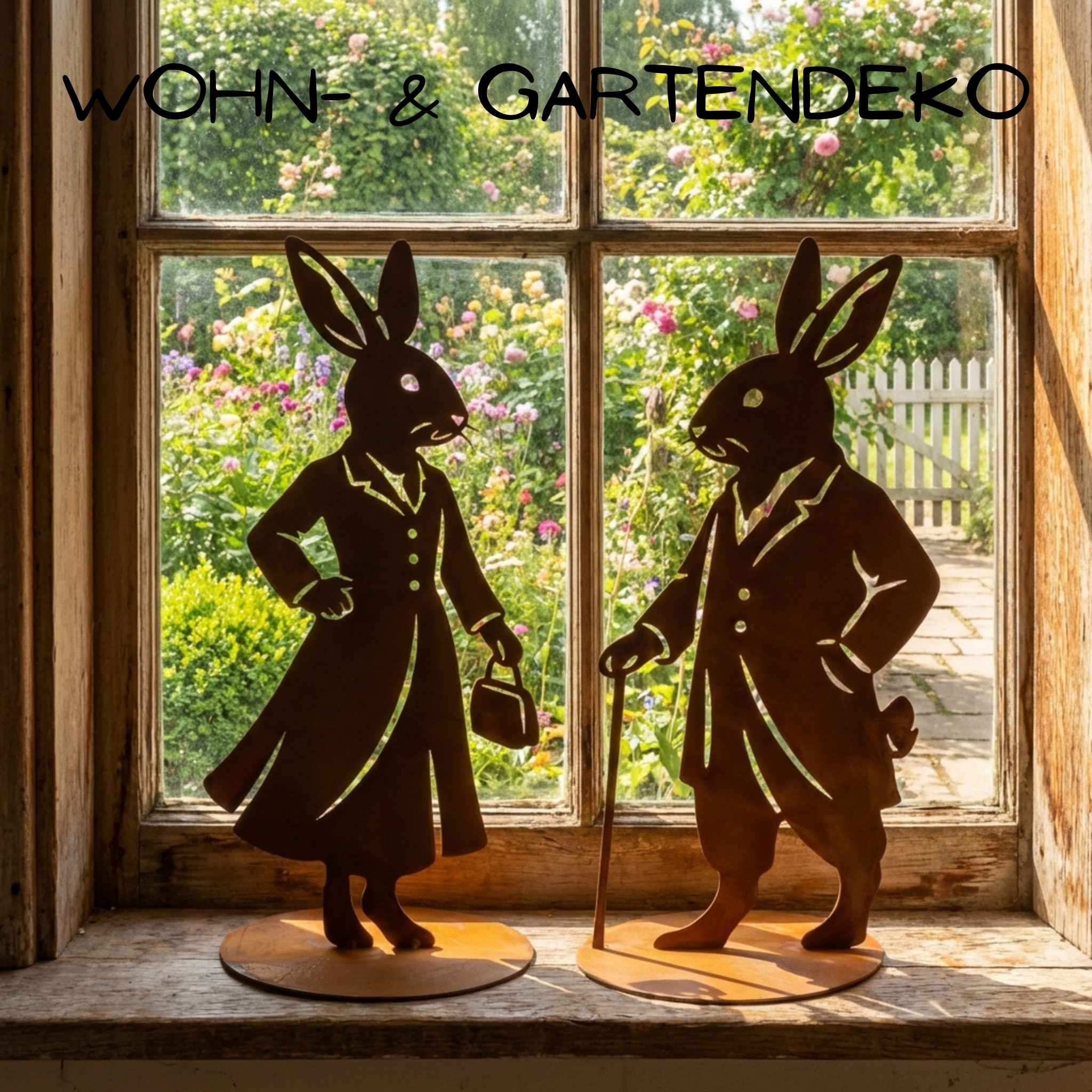 Osterdeko Hasenset aus Edelrost auf Fensterbank – Sir Hopps & Lady Leaf als Frühlingsdeko im Landhausstil mit Blick in den Garten
