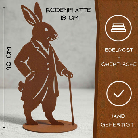 Edelrost Hasenfigur Sir Hopps mit Gehstock – 40 cm hoch, handgefertigt mit Bodenplatte und rostiger Oberfläche
