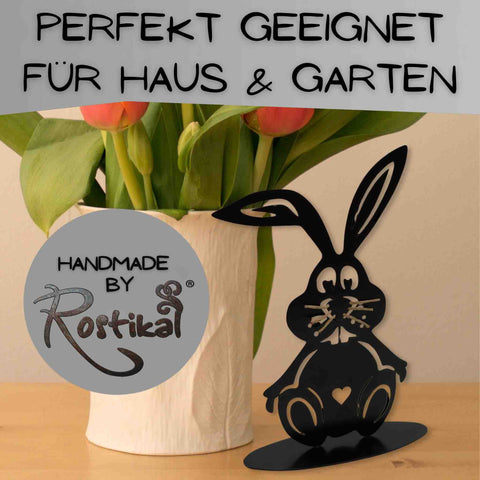 Handgefertigter Osterhase aus Cortenstahl in schwarz matter Pulverbeschichtung mit Struktur für Ihre Dekoration zu Ostern und im Frühling.