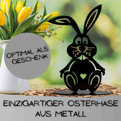 Handgefertigter Osterhase aus schwarz matt pulverbeschichtetem Metall als edle Gartendekoration und Wohnaccessoire für das Haus