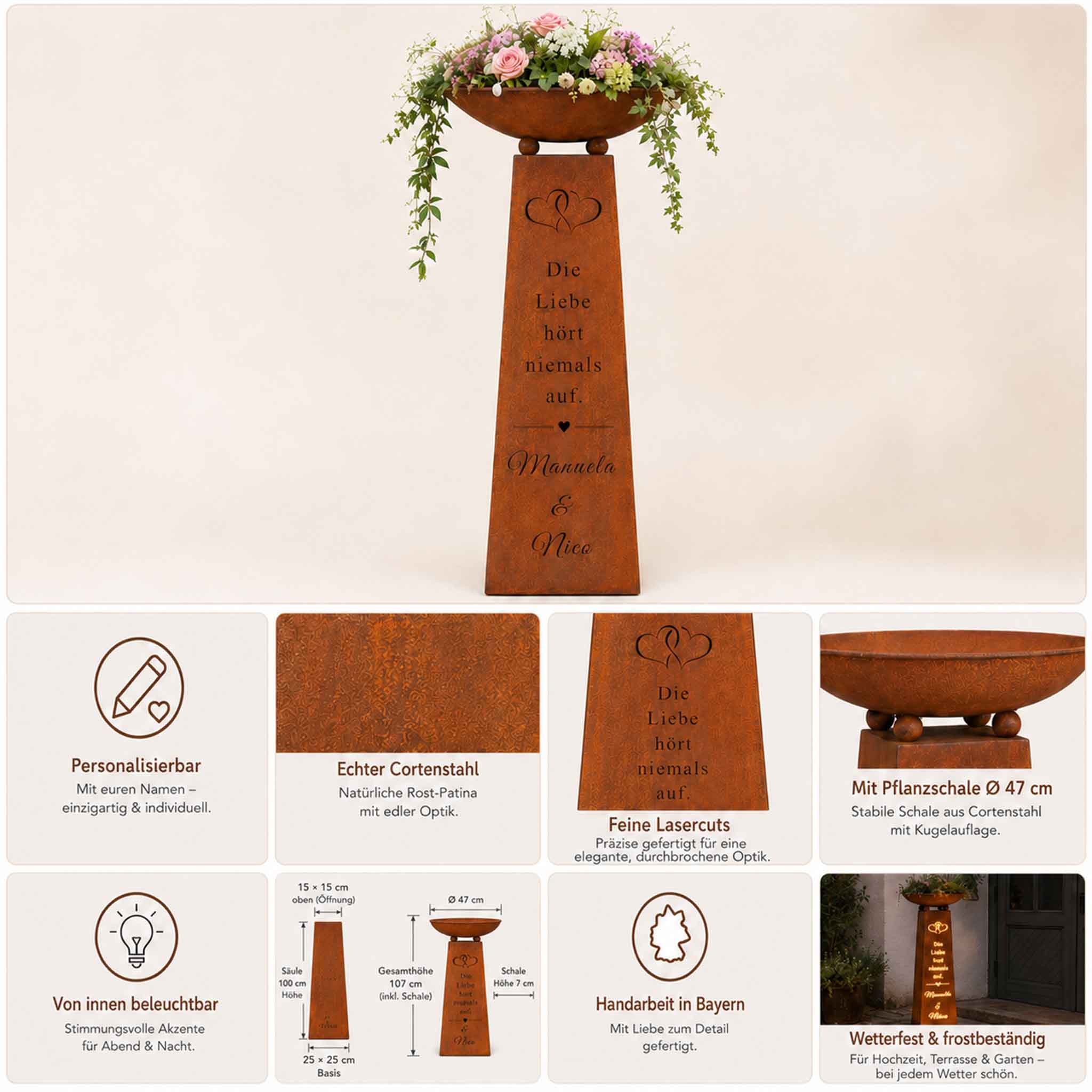 Personalisierte Hochzeitssäule mit Wunschnamen und Datum aus Edelrost