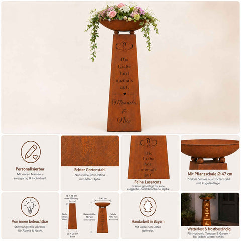 Personalisierte Hochzeitssäule mit Wunschnamen und Datum aus Edelrost