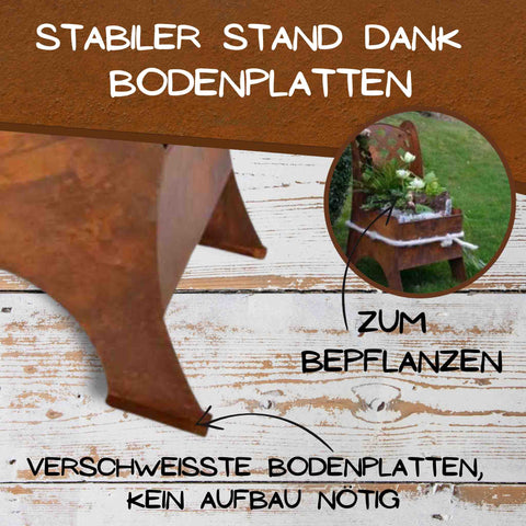 Rostiger Stuhl als Gartendekoration – Metallskulptur mit eleganter Rostpatina, ideal zum Bepflanzen und Dekorieren.