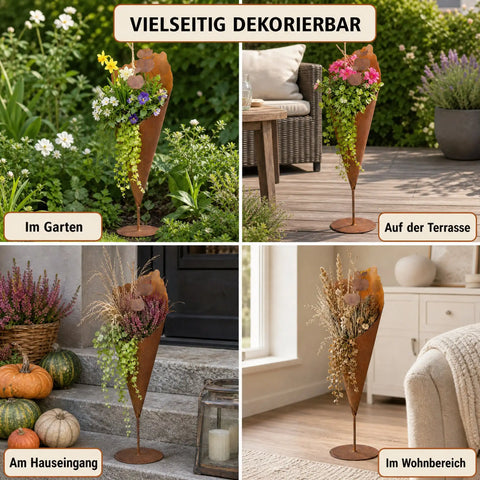 Pflanztüte aus Metall vielseitig dekoriert – im Garten, auf der Terrasse, am Hauseingang und im Wohnbereich