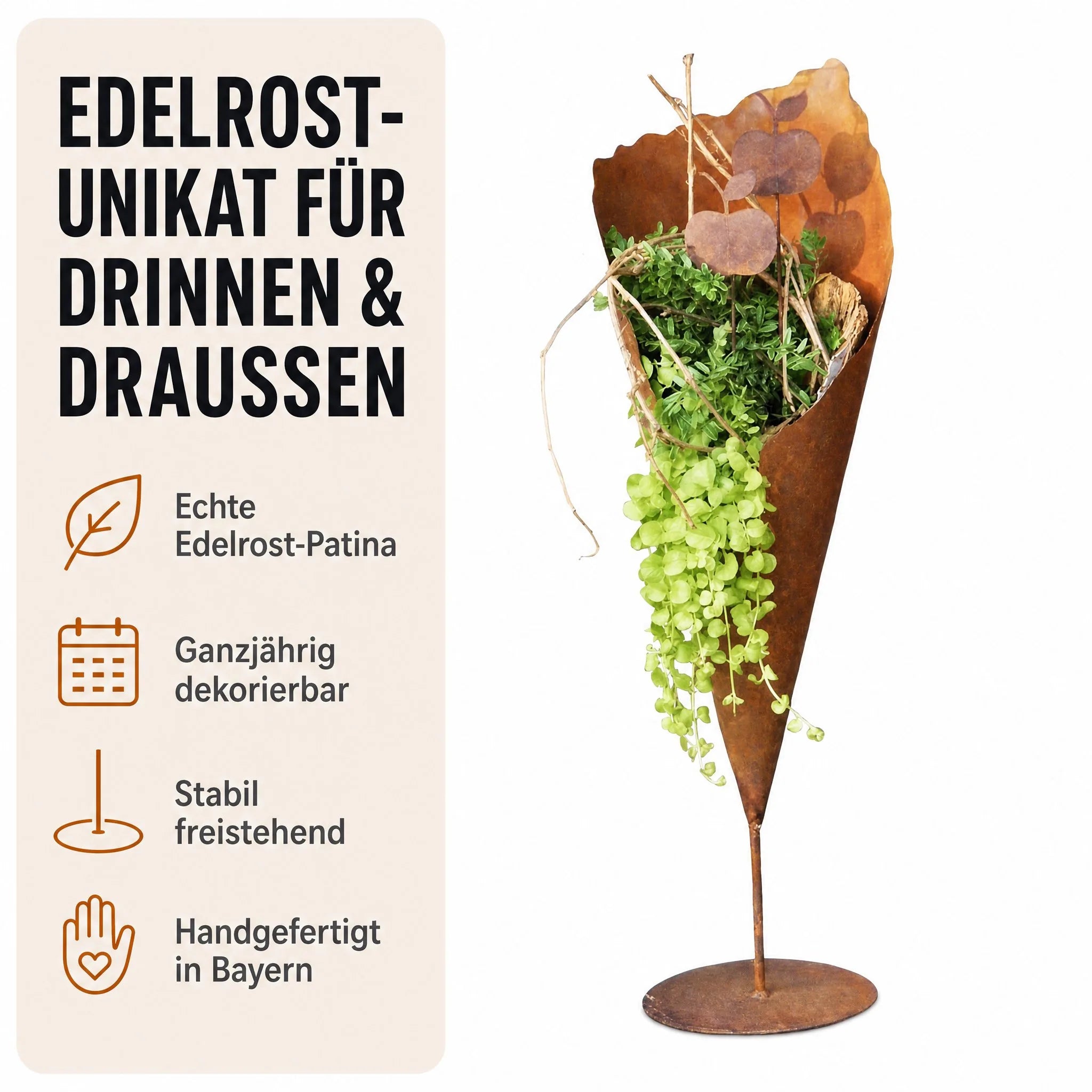 Edelrost Pflanztüte für drinnen und draußen mit echter Rost-Patina, ganzjährig dekorierbar