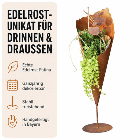 Edelrost Pflanztüte für drinnen und draußen mit echter Rost-Patina, ganzjährig dekorierbar