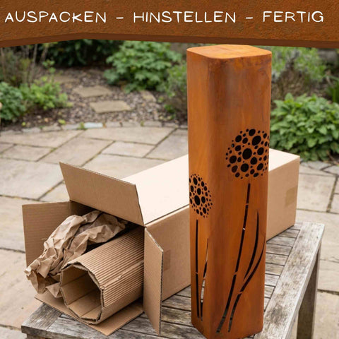 Gartensäule aus Cortenstahl mit Pusteblumenmotiv – 16 × 16 × 80 cm