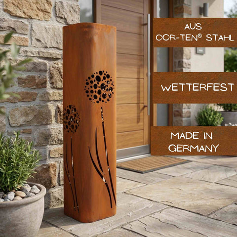Gartensäule aus Cortenstahl mit Pusteblumenmotiv – 16 × 16 × 80 cm