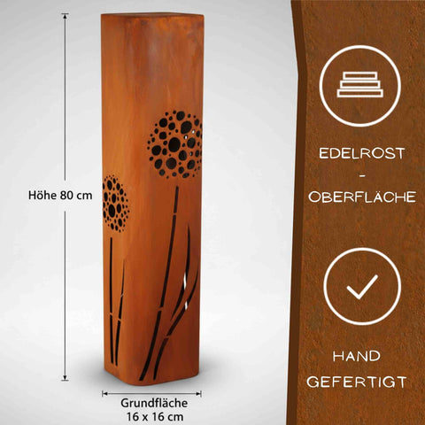 Gartensäule aus Cortenstahl mit Pusteblumenmotiv – 16 × 16 × 80 cm