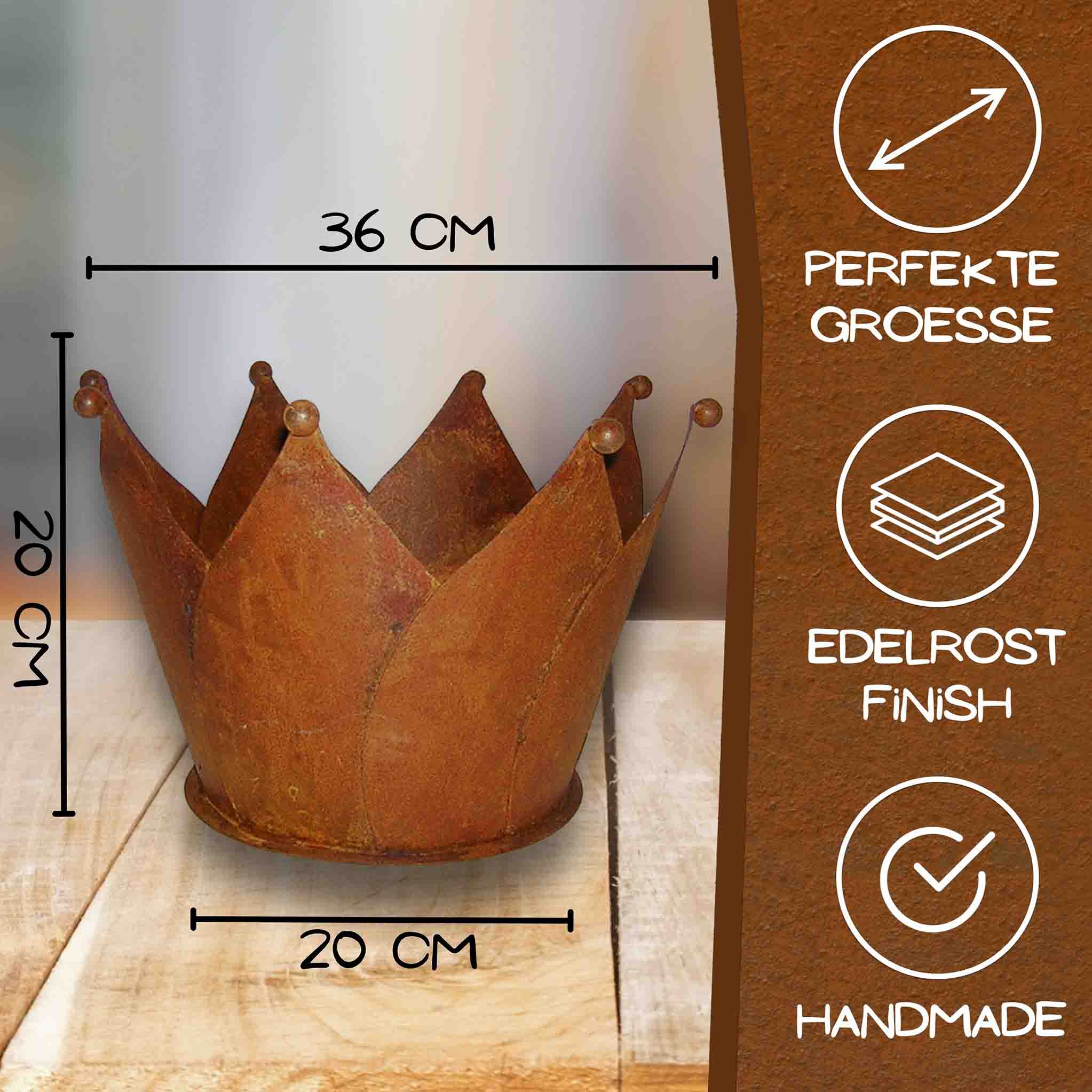 Krone Blumentopf aus Edelrost, rostige Metalldeko für Garten und Terrasse, kreatives Pflanzgefäß.