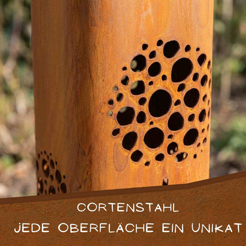 Gartensäule aus Cortenstahl mit Pusteblumenmotiv – 16 × 16 × 80 cm