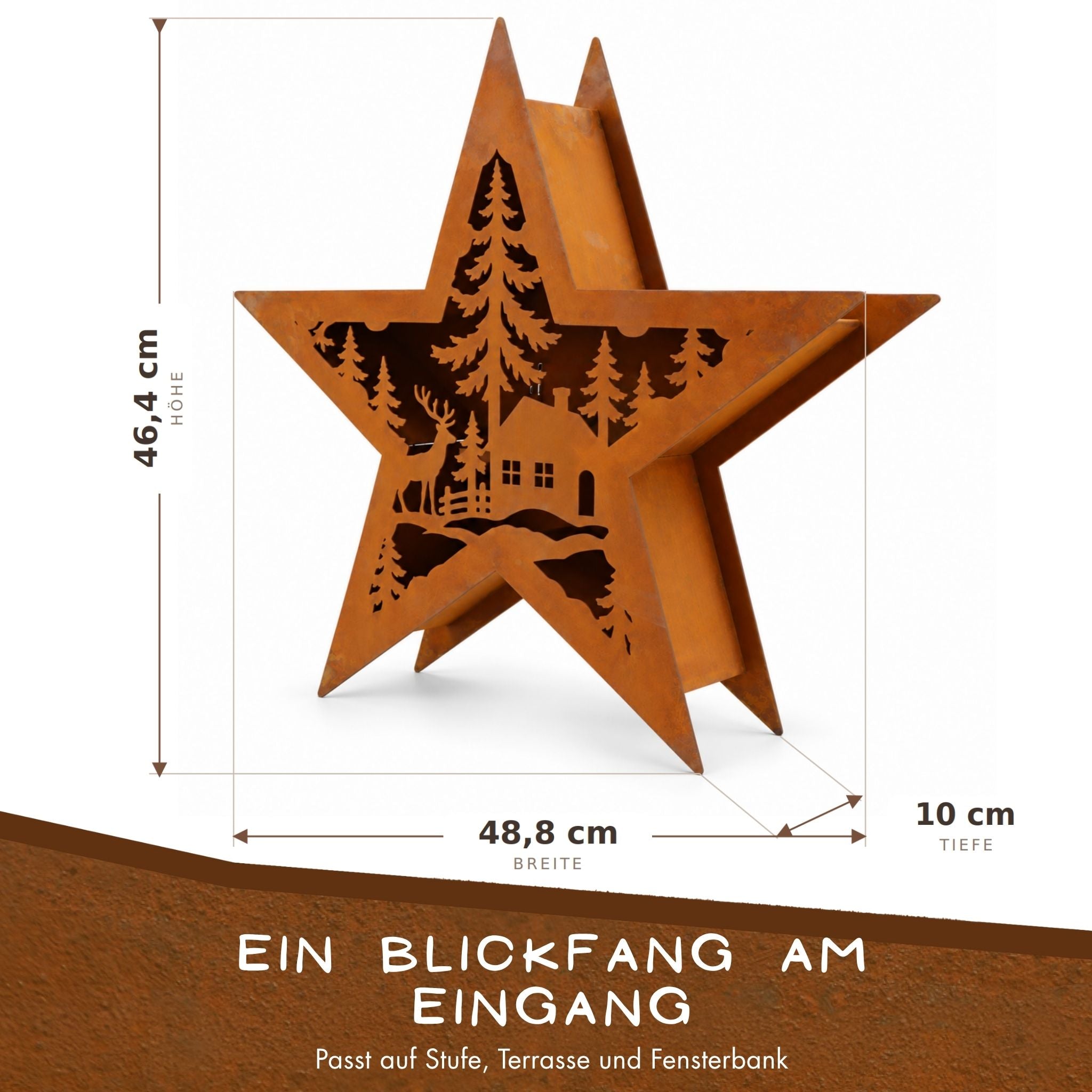 Maße Stern Windlicht: 46,4 cm hoch, 48,8 cm breit, 10 cm tief