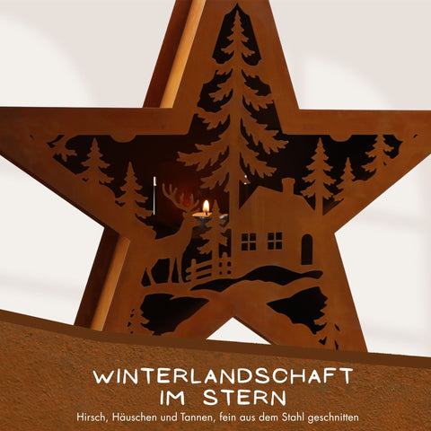 Nahaufnahme Winterlandschaft im Rost Stern mit Hirsch, Häuschen und Tannen