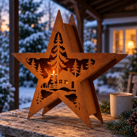 Stern Windlicht aus Cortenstahl auf dem Terrassentisch im Winter