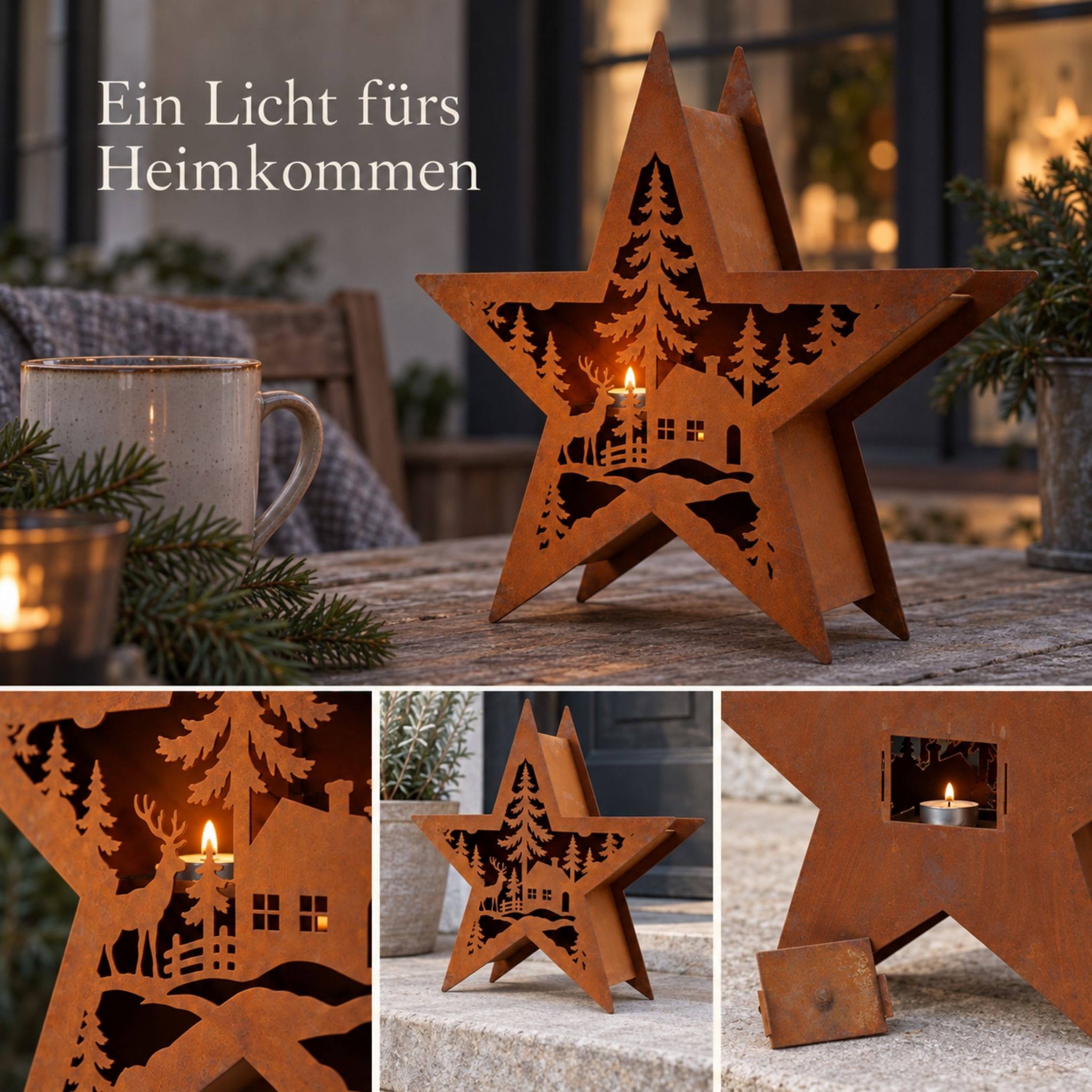 Rost Stern Windlicht mit Teelicht auf dem Tisch, Detailansichten