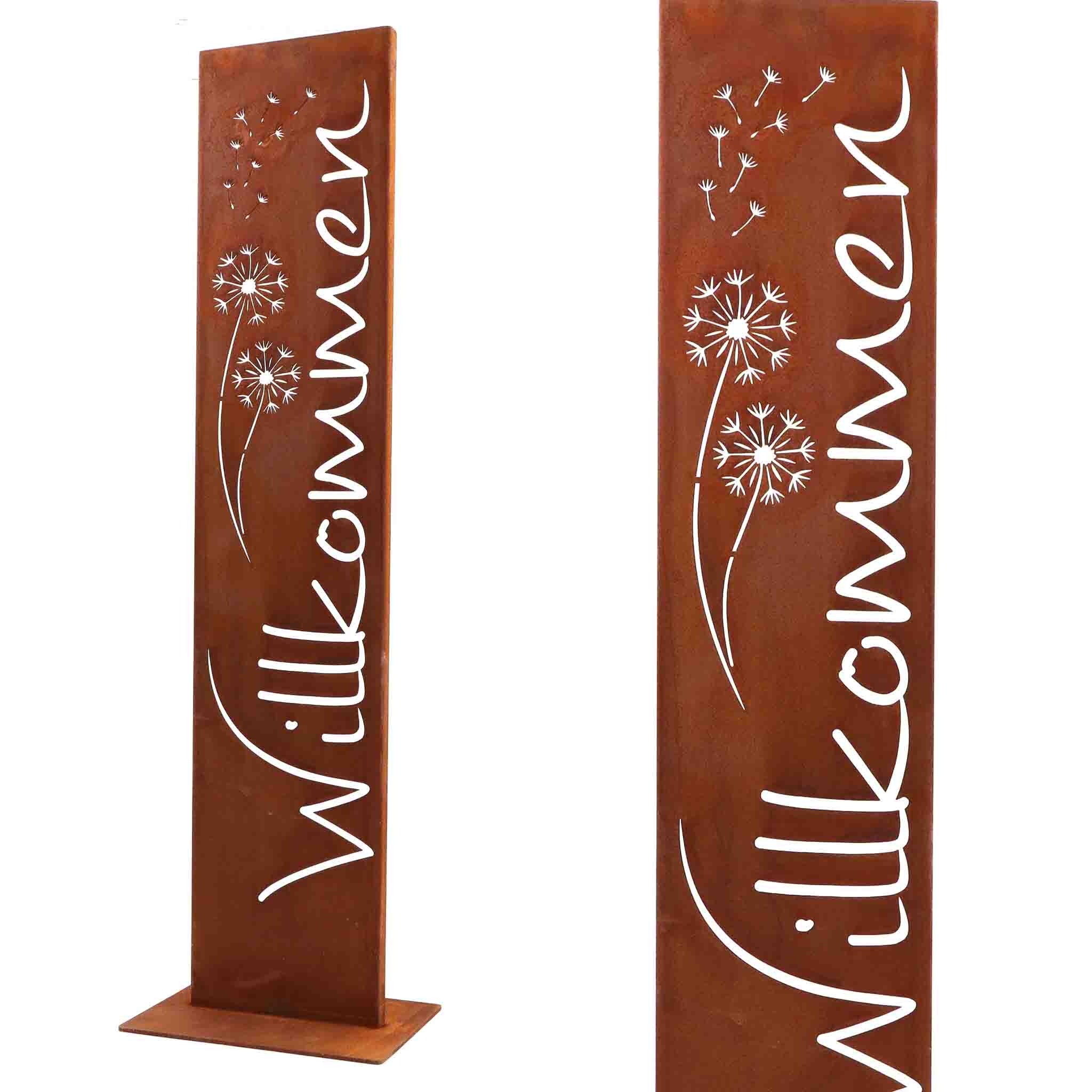Edelrost Willkommensstele mit Pusteblumen-Motiv aus Cortenstahl – Gartendeko Stele mit Schriftzug Willkommen, wetterfest und handgefertigt für Eingangsbereich oder Terrasse.