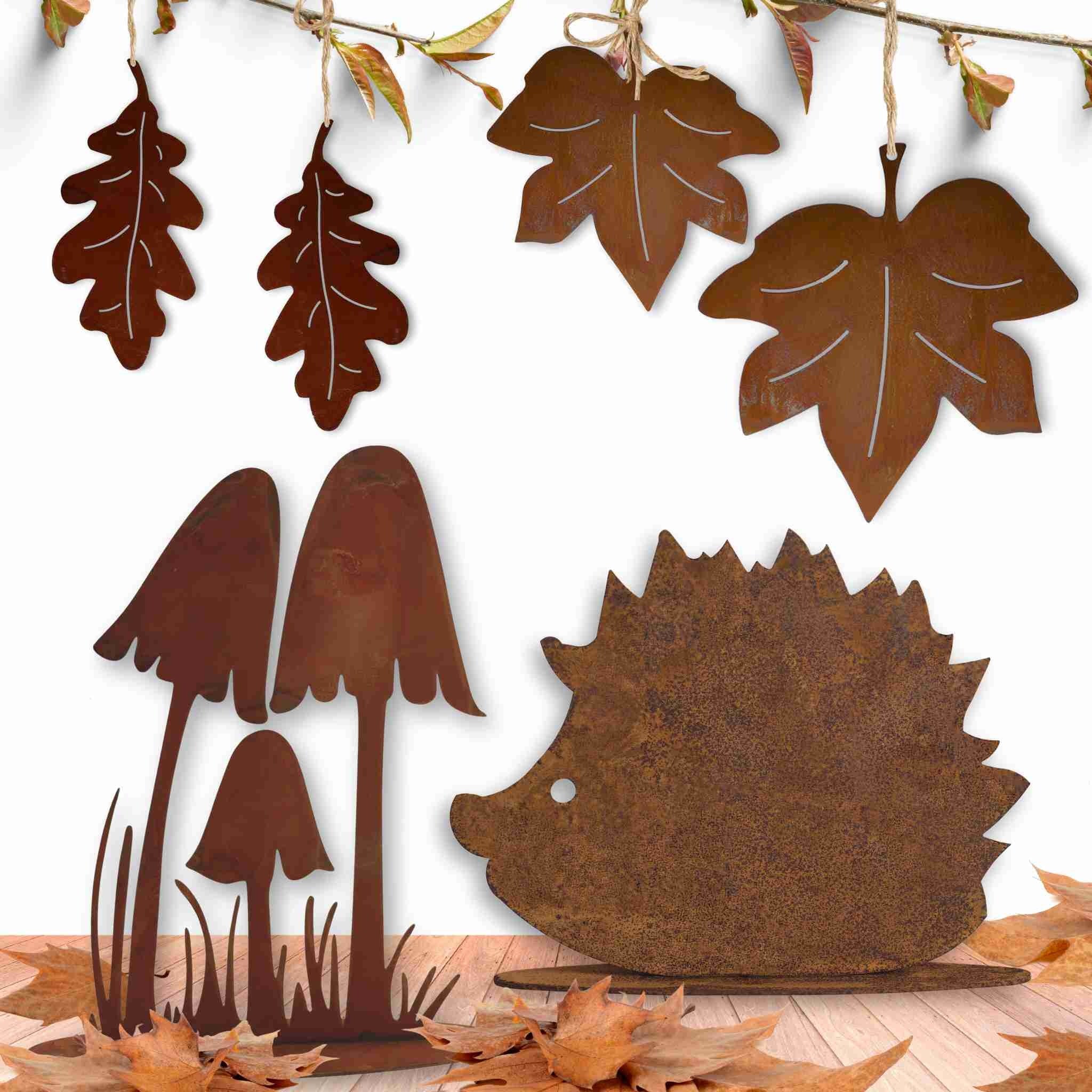 Herbstliche Metallfiguren in Rostoptik – ideal für die Dekoration im Garten oder Haus, robust und wetterbeständig.