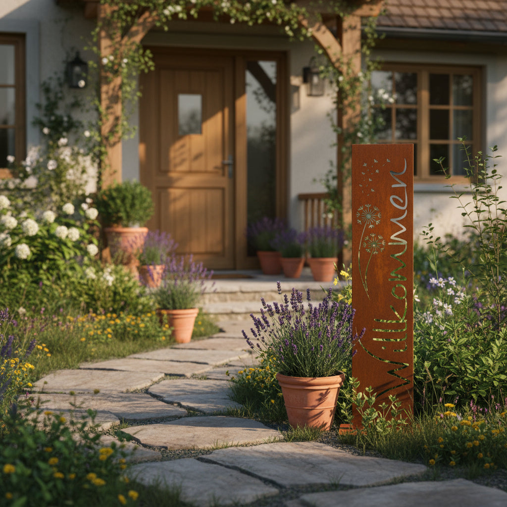 Willkommensstele aus Edelrost im Garten – wetterfeste und langlebige Gartendeko mit Pusteblumen-Motiv, dekorativer Blickfang für Terrasse, Beet und Hauseingang.