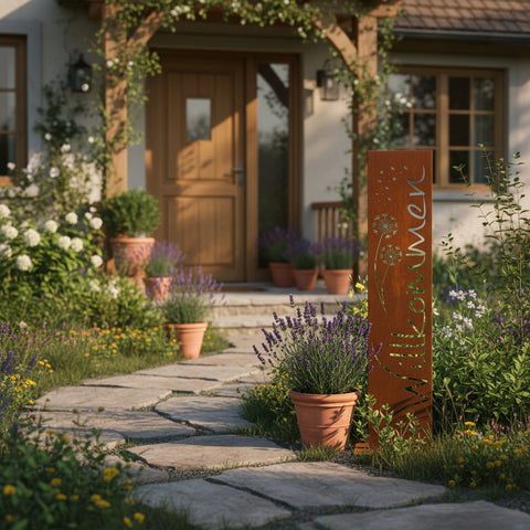 Willkommensstele aus Edelrost im Garten – wetterfeste und langlebige Gartendeko mit Pusteblumen-Motiv, dekorativer Blickfang für Terrasse, Beet und Hauseingang.