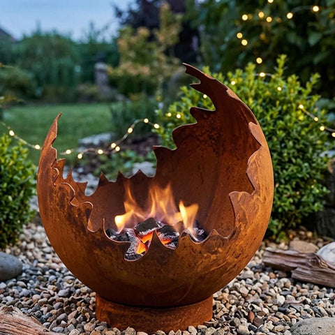 Edelrost Feuerkugel mit brennendem Feuer am Abend – Flammenrand leuchtet, Feuerstelle für Terrasse und Garten.