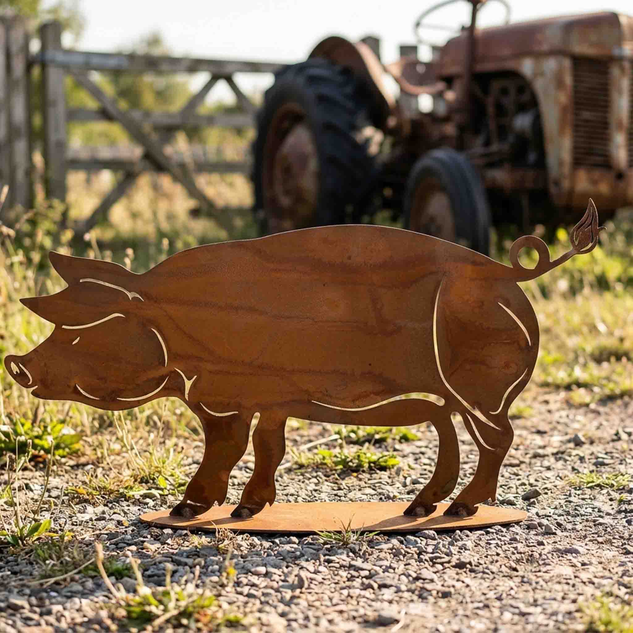 Deko Schwein aus Cortenstahl auf dem Bauernhof – Gartenfigur vor Zaun und Traktor