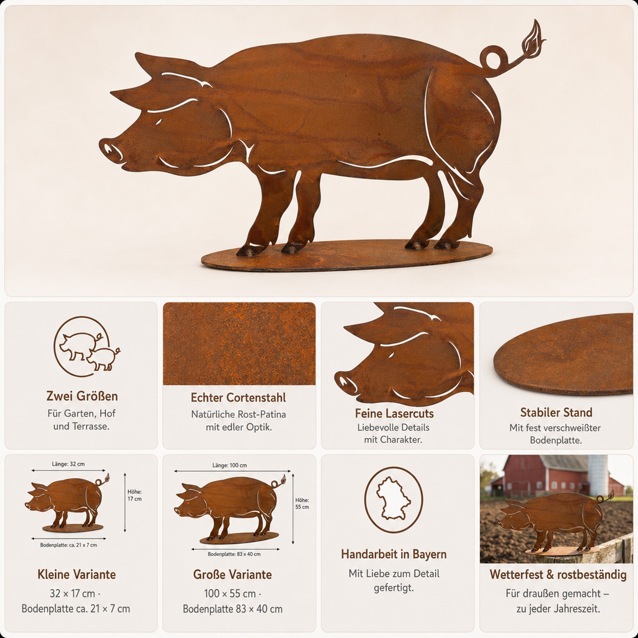 Deko Schwein aus Cortenstahl – Infografik: zwei Größen, Materialdetails und Maße im Überblick