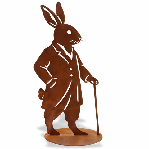 Edelrost Hasenfigur Sir Hopps mit Gehstock – handgefertigte Osterdeko aus Metall für Garten oder Terrasse
