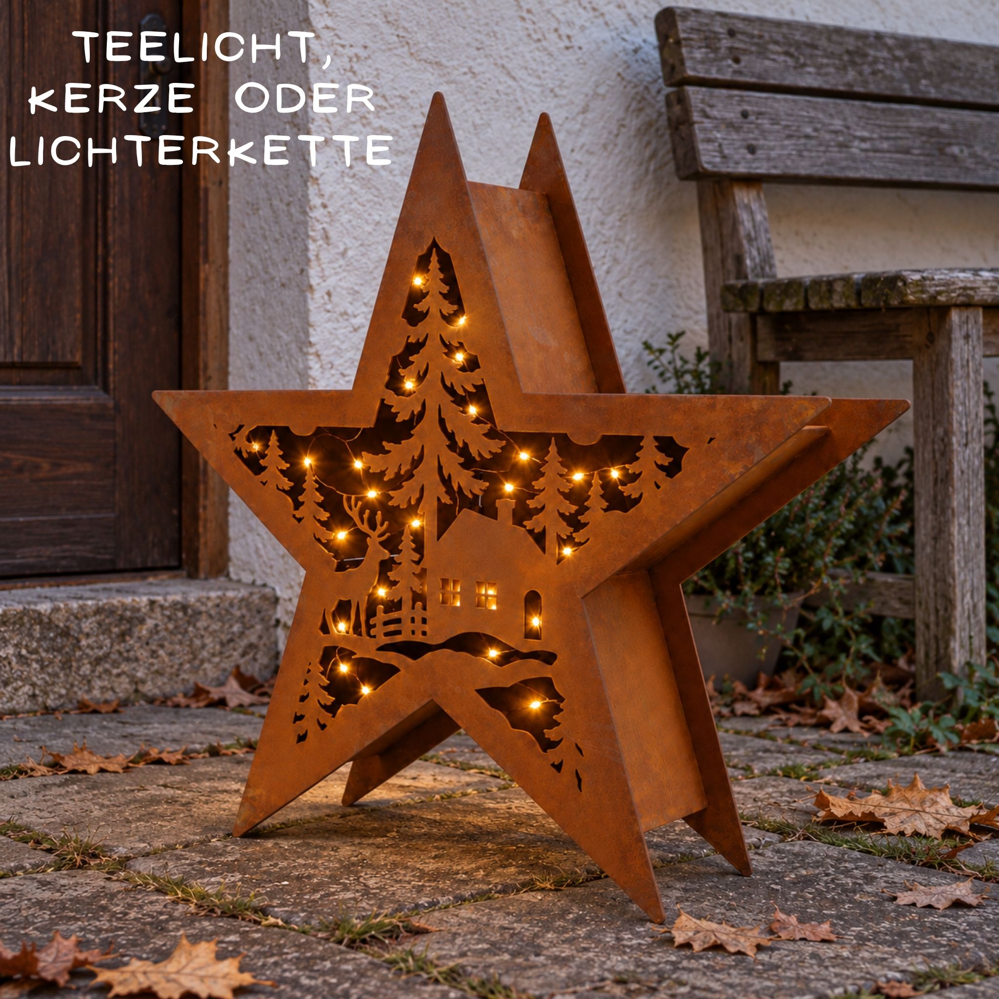 Rost Stern mit Lichterkette vor der Haustür