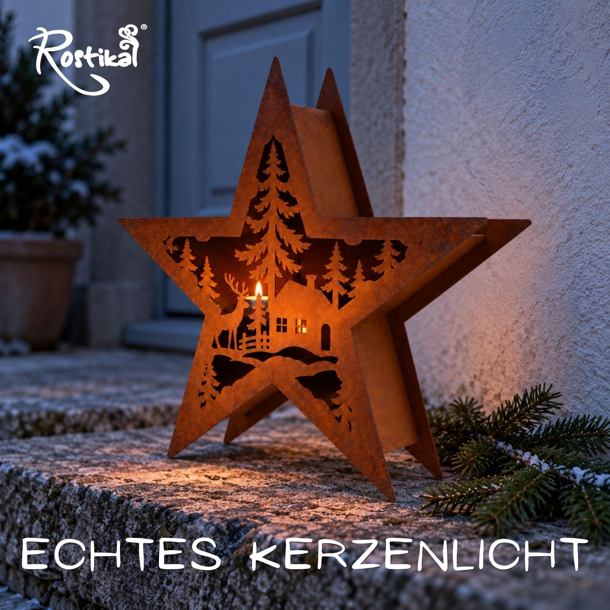 Rost Stern mit brennendem Teelicht auf der Stufe vor der Haustür