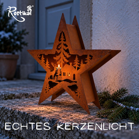 Rost Stern mit brennendem Teelicht auf der Stufe vor der Haustür