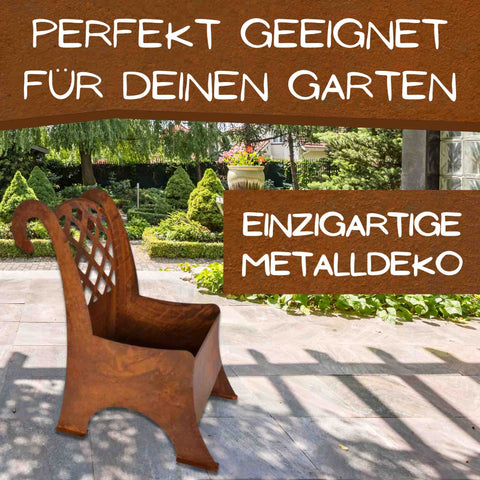 Pflanzkübel in Stuhlform – handgefertigte Rostdeko aus Metall für Garten oder Terrasse, ideal für kreative Bepflanzung.