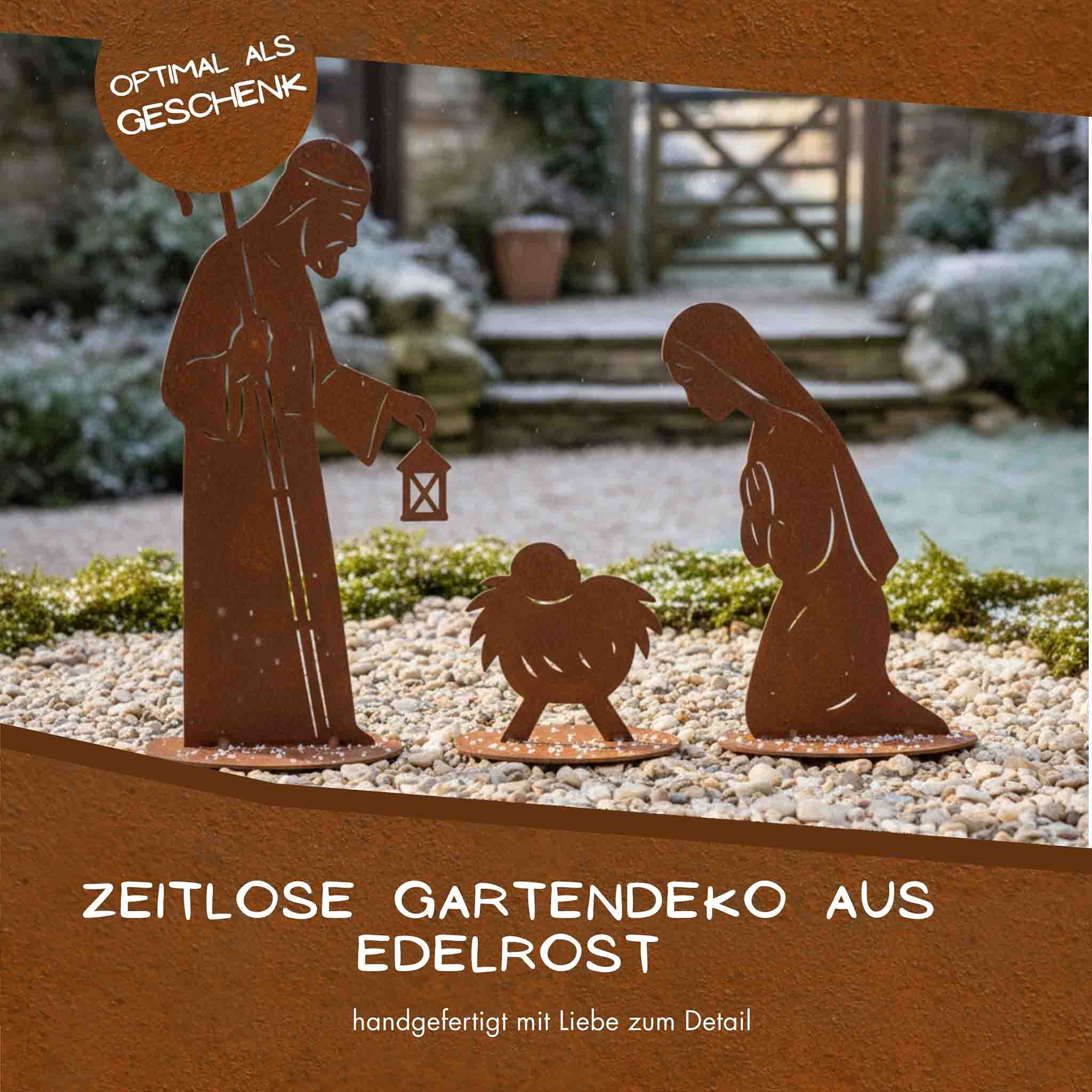 Edelrost Krippenfiguren Set – Maria, Josef & Krippe | Weihnachtsdeko aus Metall