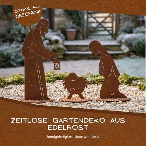 Edelrost Krippenfiguren Set – Maria, Josef & Krippe | Weihnachtsdeko aus Metall