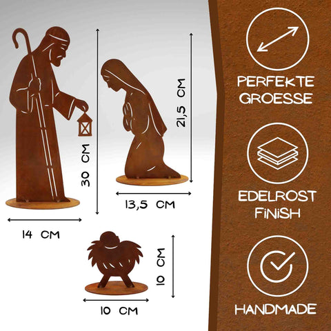 Edelrost Krippenfiguren Set – Maria, Josef & Krippe | Weihnachtsdeko aus Metall