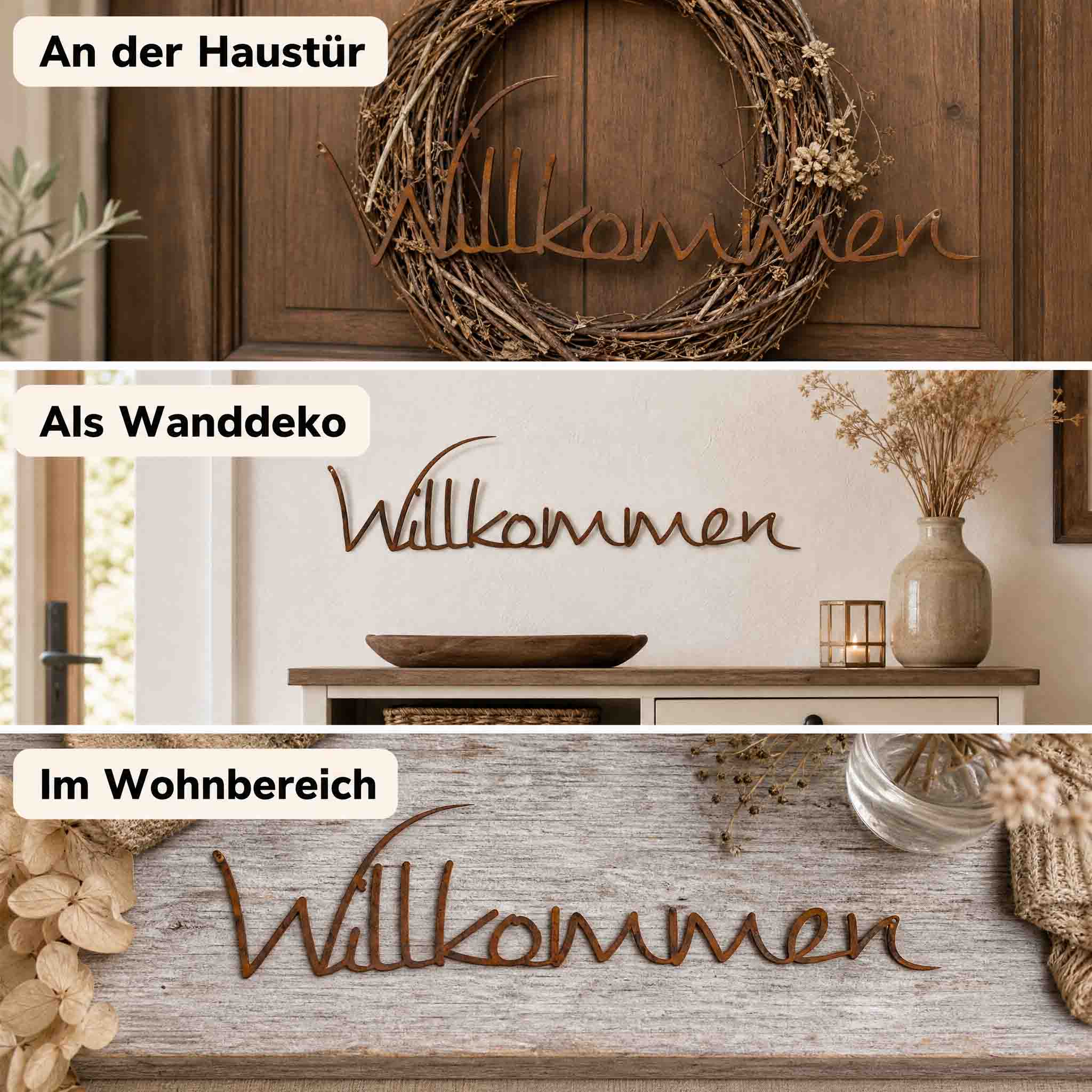 Willkommen Schriftzug als Deko an Haustür, Wand und im Wintergarten – Anwendungsideen für die Edelrost Deko.